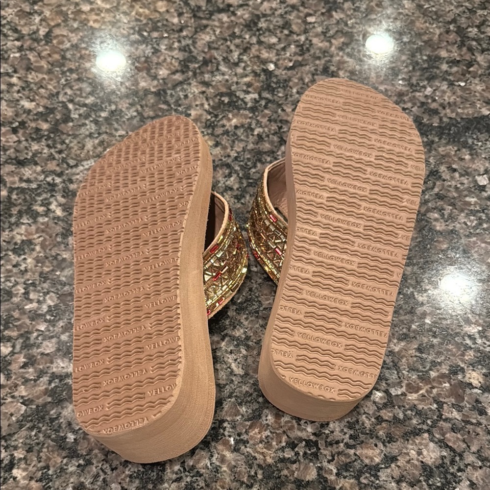Yellow Box Gold and Tan Sandals with Woven Straps - Picture 3 of 4